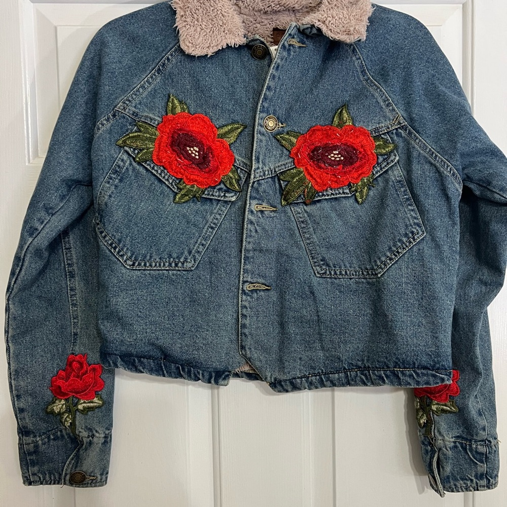 POL Blue Denim Jacket with Red Floral Embroidery